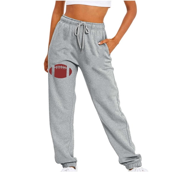 Cameland Women's Pants Solid Color Rugby Print Casual Leggings Trousers Drawstring Elastic Waist Pocket Trousers