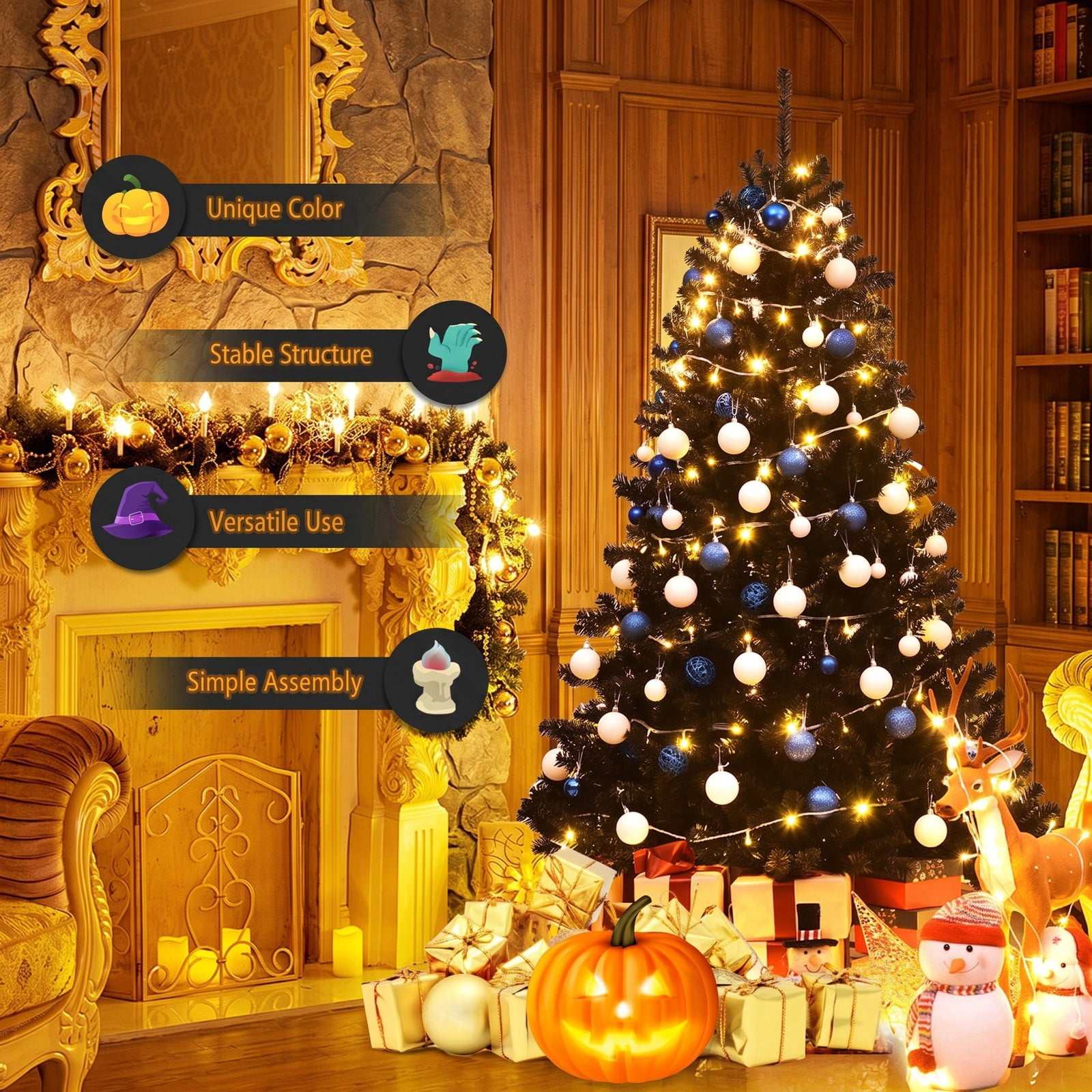 RUIE 6 Feet Hinged Artificial Halloween Christmas Tree, 1036 Branch Tips PVC Holiday Tree with Metal Stand for Indoor Outdoor Home Office Decoration, Black