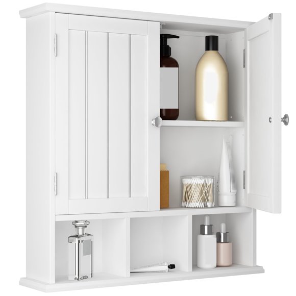 ChooChoo Mueble de baño montado en la pared, 2 puertas con 3 estantes abiertos, botiquines de madera con estante ajustable, gabinetes de almacenamiento que ahorran espacio sobre el inodoro para baño y