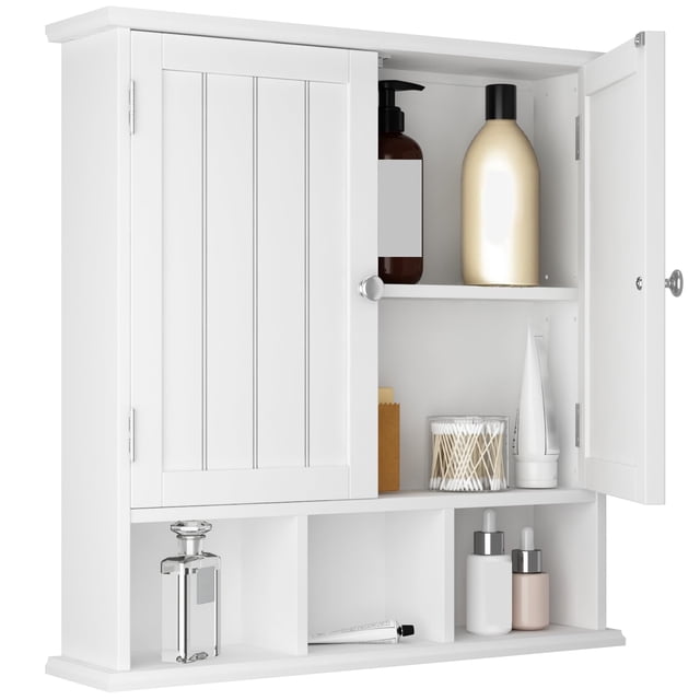 ChooChoo Mueble de baño montado en la pared, 2 puertas con 3 estantes abiertos, botiquines de madera con estante ajustable, gabinetes de almacenamiento que ahorran espacio sobre el inodoro para baño y