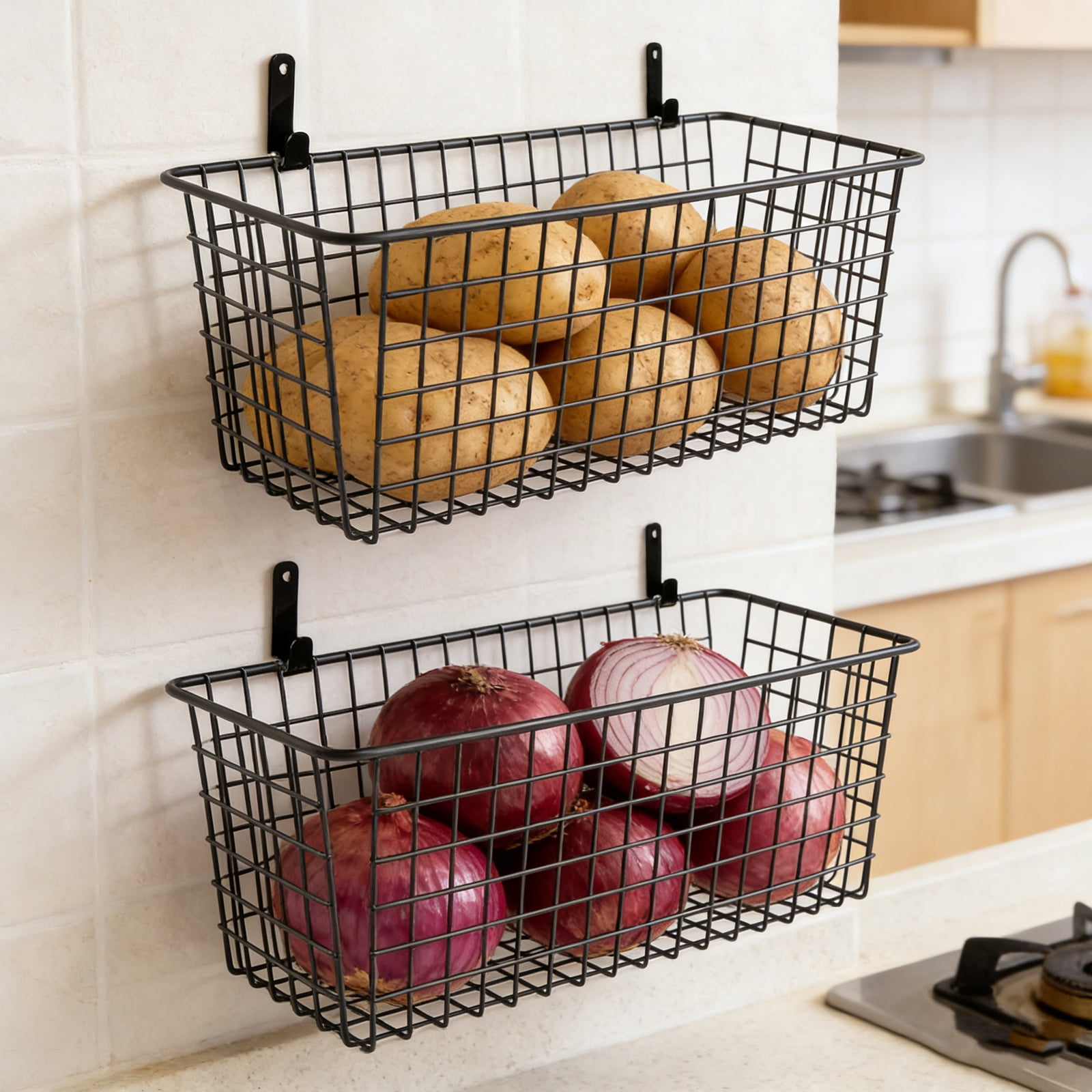 Pethiy 2-Pack Black Wire Wall-Mounted Storage Baskets, Large Capacity Metal Organizer Bins for Kitchen Onion, Potato, Fruit & Pantry Storage with Nameplate & Hooks