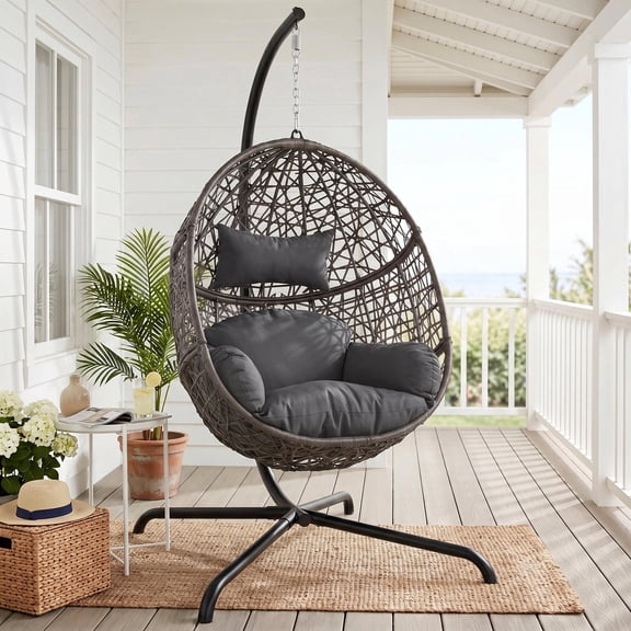 RADIATA Patio Oversized Hanging Egg Chair with Stand and 5.1" Cushion, Indoor Outdoor Wicker Bird Nest Swing Chair for Patio, Porch & Sunroom, 360 lb Capacity, Dark Gray
