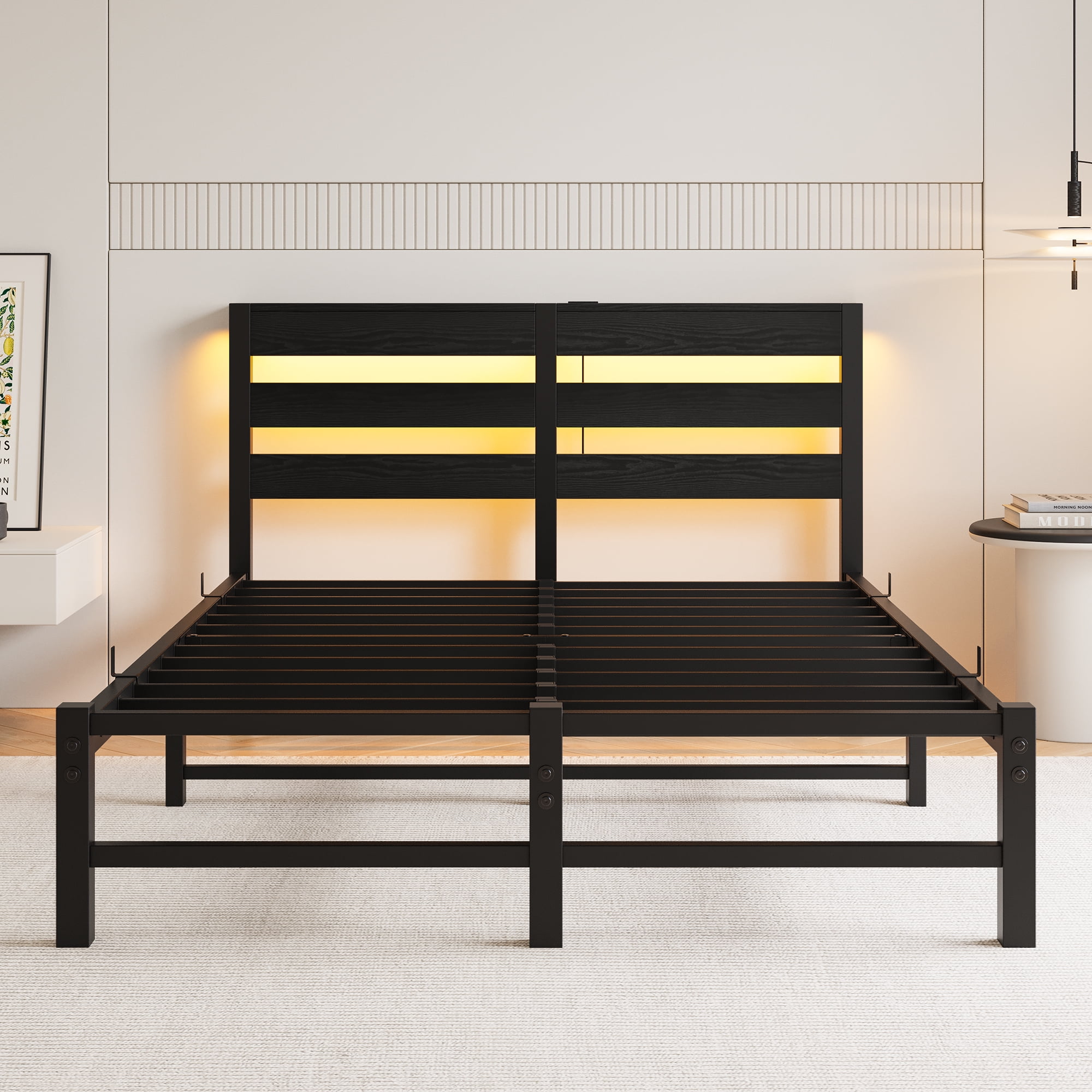 Miniyam Full Size Bed with USB Charging Station, LED Bed for Adult, Black