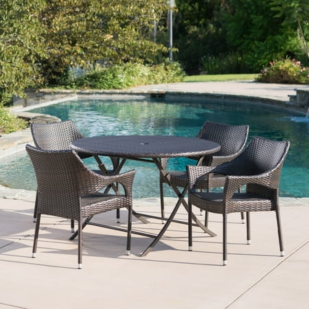 Outdoor 5 Piece Wicker Dining Set with Foldable Table and Stacking Chairs,Multibrown