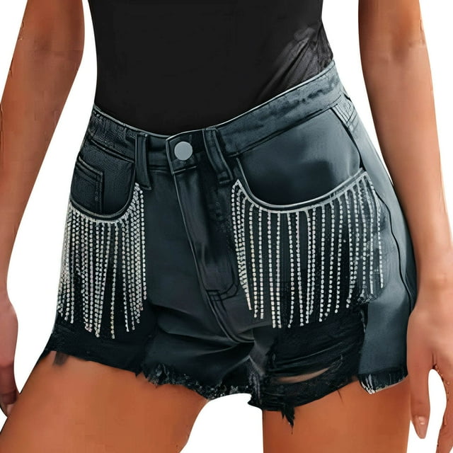 Women's Rhinestone Fringe Denim Shorts Mid Rise Stretchy Ripped Hem Distressed Jean Shorts Comfortable Fashionable Casual Wear