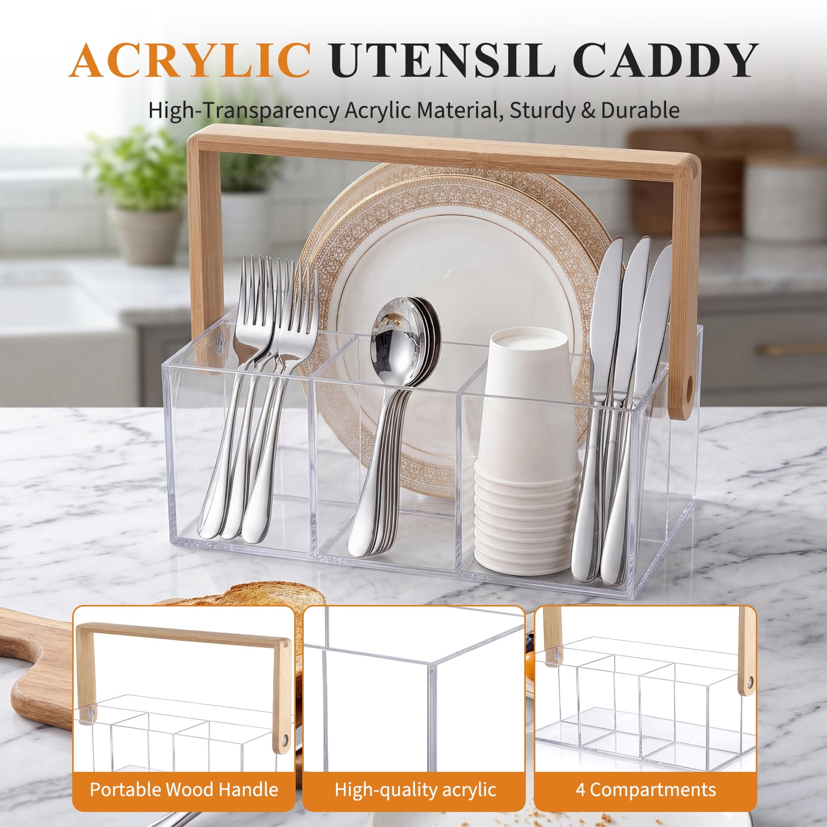 Clear Acrylic Utensil Organizer with Handle, 4 Compartment Cutlery Holder with Drain Holes, Portable Flatware Caddy for Kitchen Counter, Picnic, Party, Buffet, Bathroom Storage