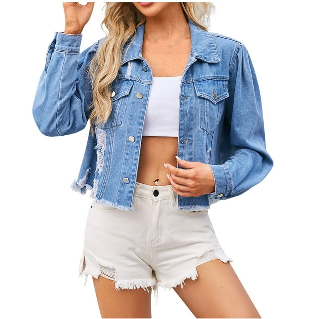 HVOBTTY Manteau de Mode à Manches Longues pour Femmes, Veste en Denim à Manches Amincissantes pour Femmes avec Col à Revers Coloré Bleu, m