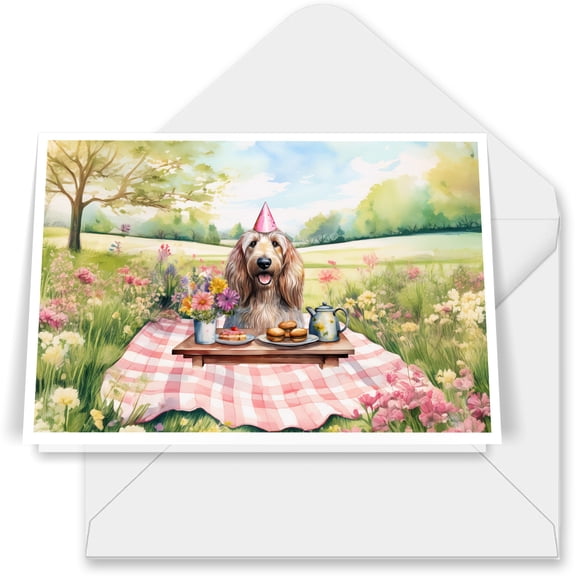 Happy Mother's Day Afghan Hound with Sweets and Flowers at a Picnic 7x5in Folded Greeting Card Dog Lover Single Note Card with Envelope - 13005