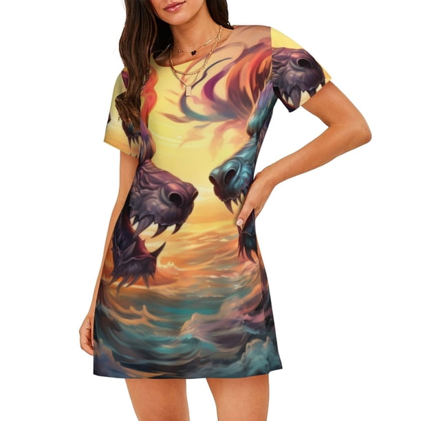 Balery Colorful Wave Dragon Head Camisón de manga corta con cuello redondo para mujer, cómodo y elegante.
