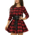 thumbnail image 4 of MODA NOVA Junior's Christmas Party Plaids Long Sleeves Belted Mini A Line Shirt Dress, 4 of 5
