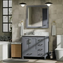 Jacques 36 in. W x 22 in. D Left Offset Dark Grey Bath Vanity, Carrara Marble Top, Faucet Set, and 34 in. Mirrors