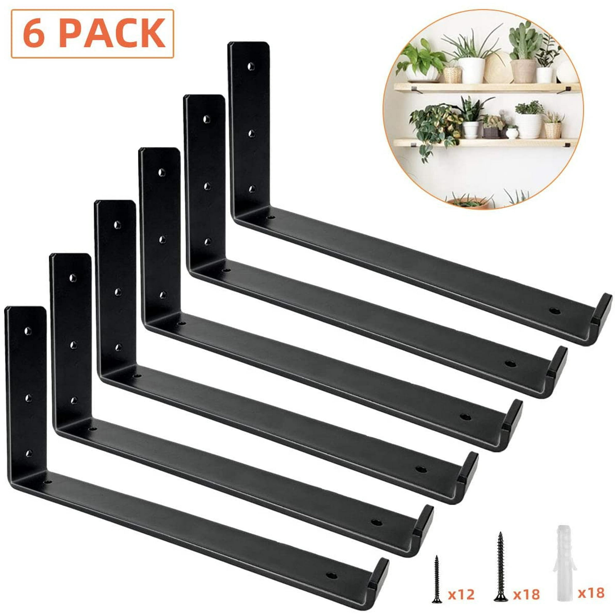 Shelf Brackets 11.5 x 6 Inch Heavy Duty Black Metal Floating Shelf Bracket Rustic Farmhouse Decorative Iron L Bracket with Lip Hook J Brackets Wall Angel Corner Brace for Wood Shelves 6