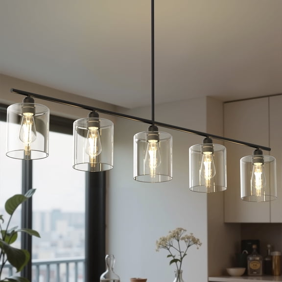 YANSUN 53.1 in 5-Light Black Linear Kitchen Island Pendant Light, Modern Chandelier with Clear Glass Shades, for Dining Room, Living Room, Kitchen