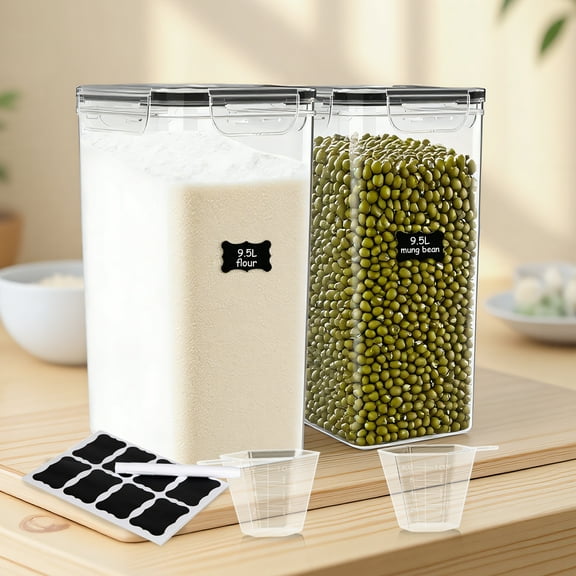 2-Pack 9.5L (321 oz) Clear Airtight Food Storage Canisters with Chalkboard Labels & Measuring Cups - Flour, Grain, Sugar, Rice, Pasta, Coffee Container with Lids