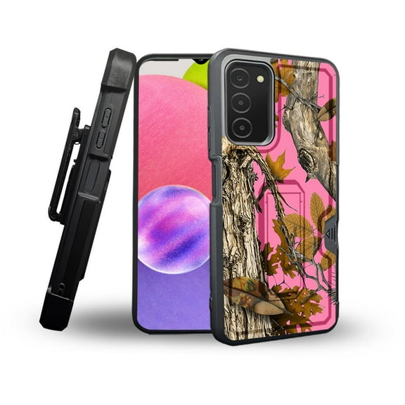 ANJ  Rugged Shockproof Holster Case Card Slot Kickstand   Tempered Glass Cover for Samsung Galaxy A03s - Pink Tree Camo