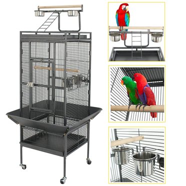 Mcage Large Open Dome Play-Top Parrot Stand – Wrought Iron – Rolling Cage – Black Vein – Model 13824