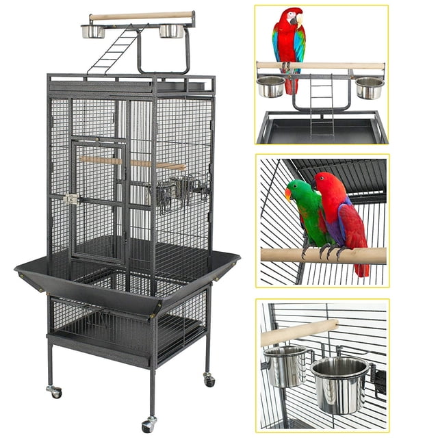 Mcage Large Open Dome Play-Top Parrot Stand – Wrought Iron – Rolling Cage – Black Vein – Model 13824