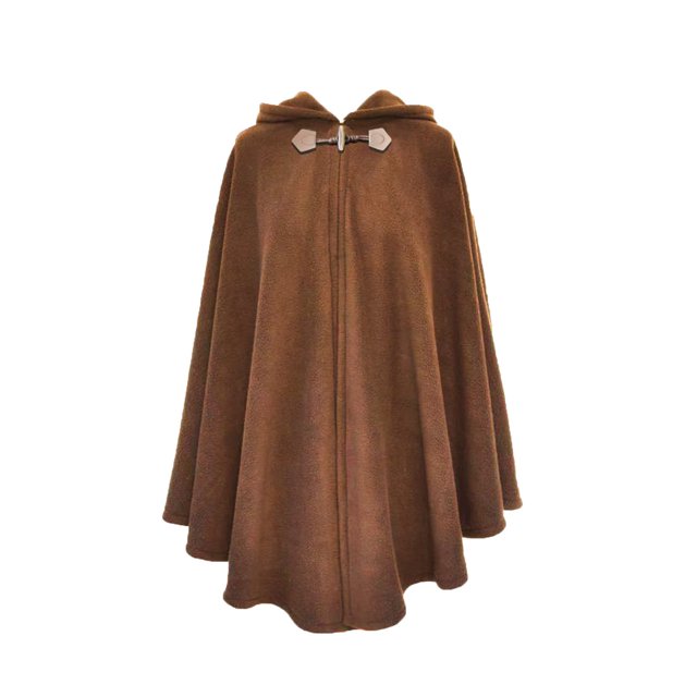 RXIRUCGD Women's Fall/Winter solid color horn button hooded cape wool shaw in brown. This elegant poncho features a sleeveless design, a large round neck, and a hood with horn button closures. Made of soft and breathable wool fabric, it provides comfort and warmth for colder seasons. The flowing silhouette adds sophistication, making it suitable for casual outings or layering over formal attire.