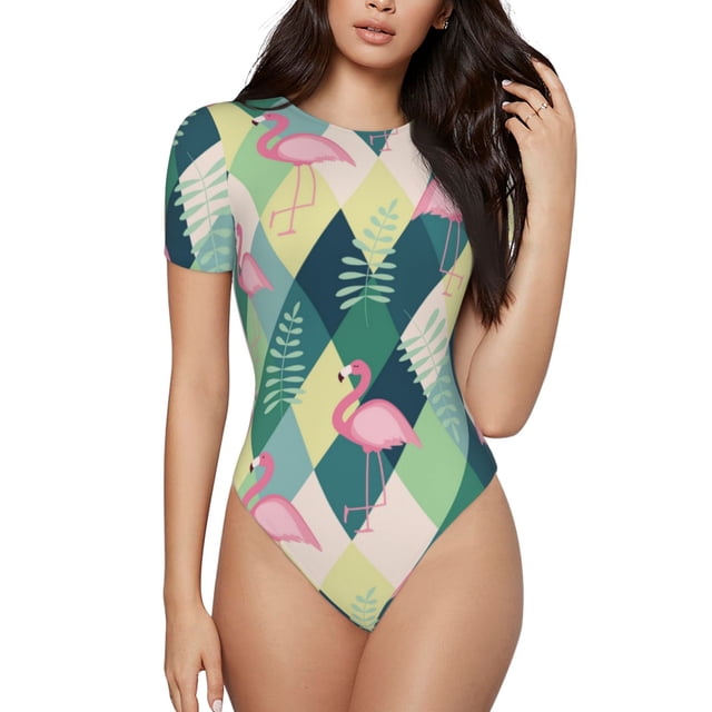Saiise Motif Flamant Rose Grenouillère à Manches Courtes pour Femmes Col Rond Pyjama Justaucorps Extensible avec Fermeture à Pression-TG