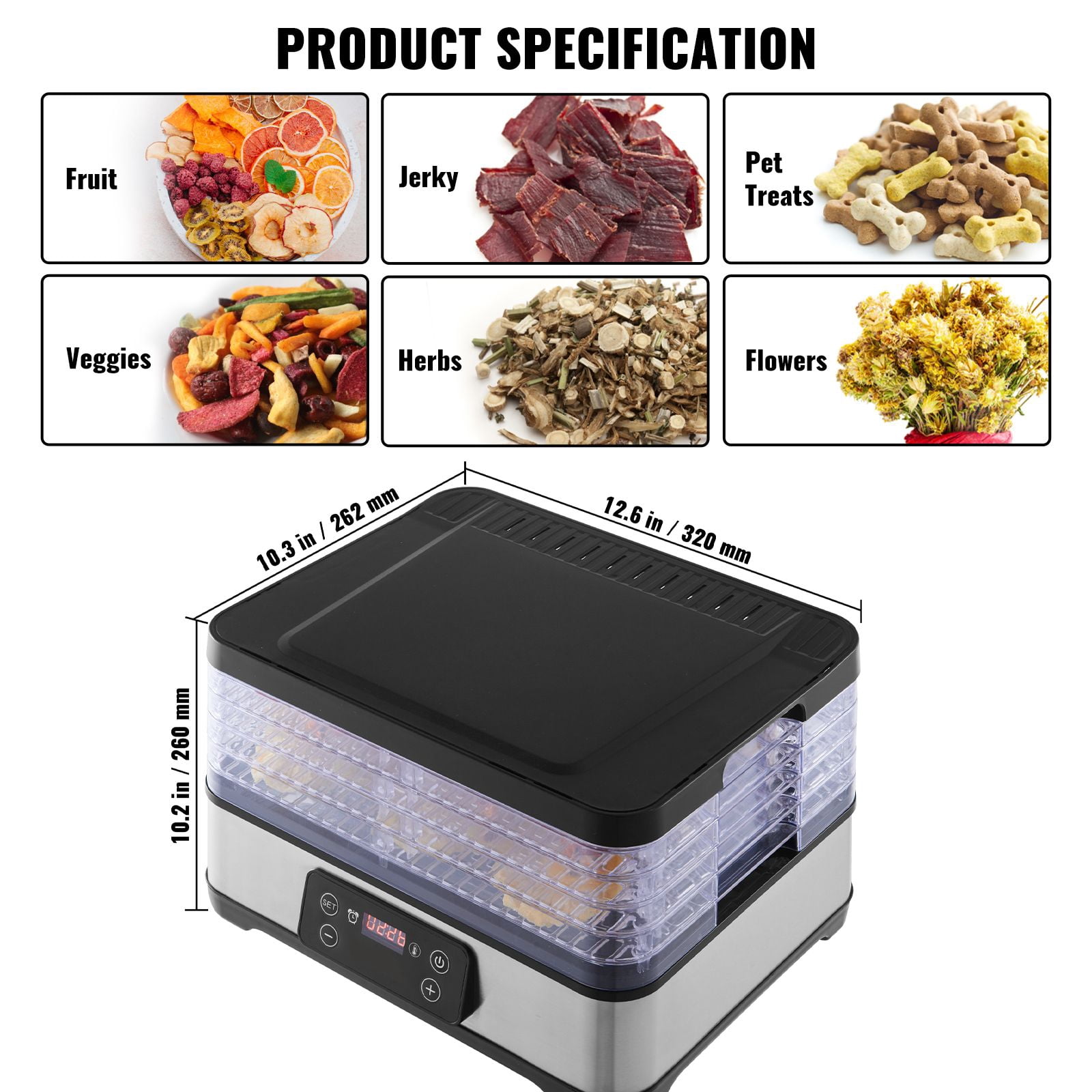 5-Tray Food Dehydrator Machine with 300W Power, 95-158°F Adjustable Temp, 0.5-48H Timer, 360° Air Circulation, BPA-Free for Jerky Fruit