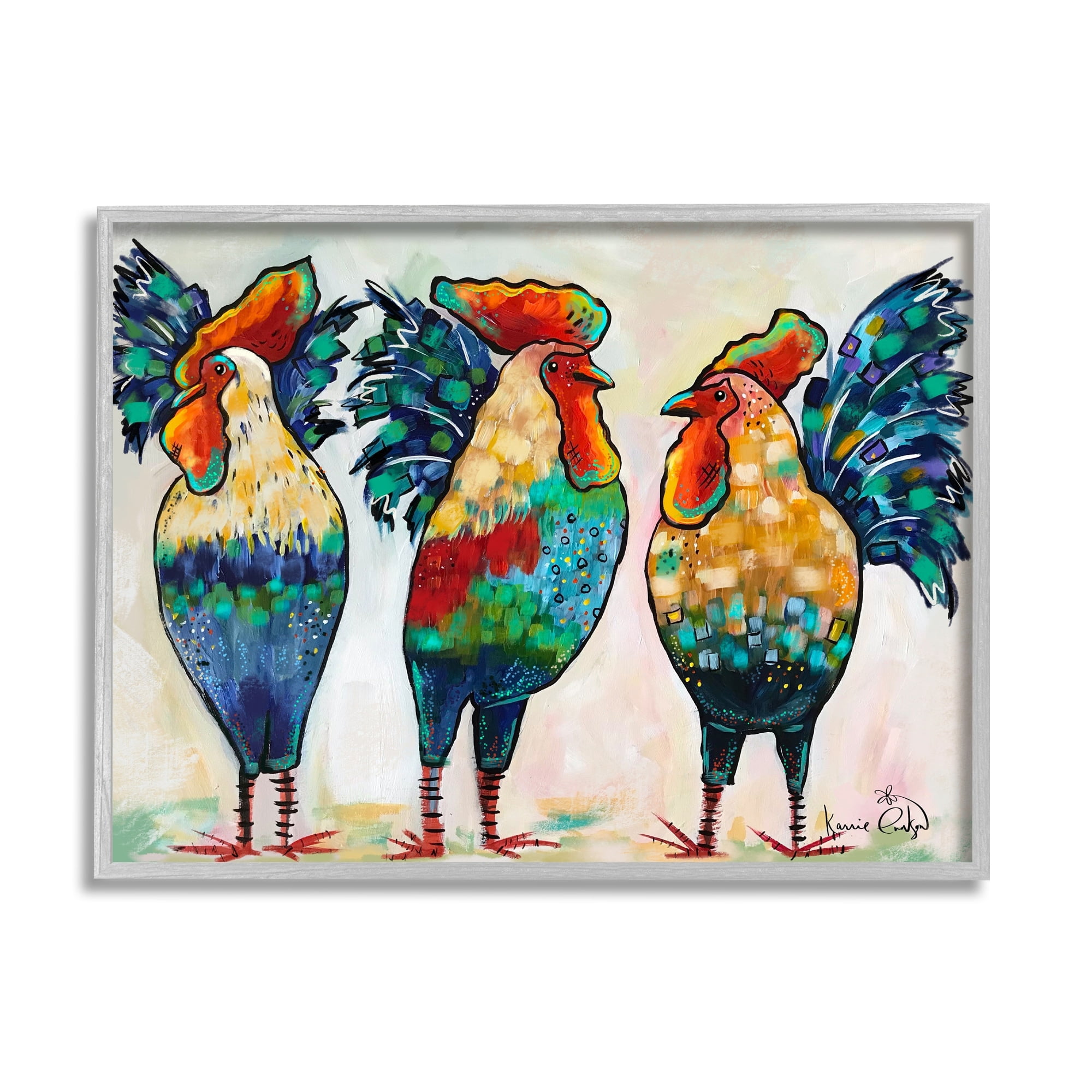 Stupell Industries Bold Patterned Chickens Hens Vivid Feathers Standing Painting Gray Framed Art Print Wall Art, Design by Karrie Evenson