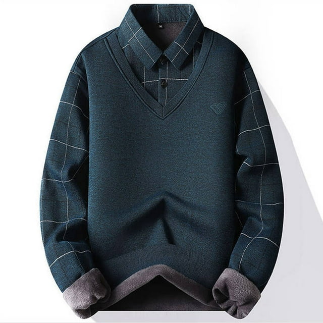 Blusa y camisa de manga larga con cuello vuelto para hombre, informal, de moda, con forro polar falso, dos botones LED, suéter de manga larga, blusa de poliéster para hombre