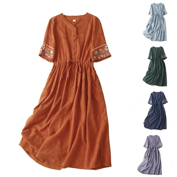 Sentmoon Summer Dress Crew Neck Short Sleeve Casual Dresses for Women Embroidery Loose Fit Lace Up Plus Size Womens Linen Dress Comfy Vacation for Summer and Vacation Orange L