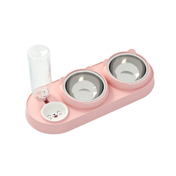 3 in 1 Cat Bowl,Cat Food and Water Bowl Set with Water Dispenser and Stainless Steel Bowls,Double Bowls Design,15-degree Tilted Pet Feeder,Pink