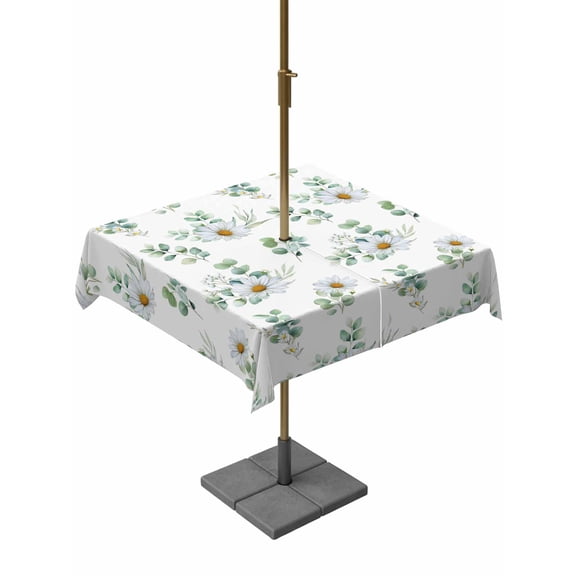 Outdoor Tablecloths with Umbrella Hole & Zipper, Daisy 54x54 Inch Square Tablecloths, Spring Eucalyptus Leaves Flowers Botanical Country Waterproof Table Cloth, Patio/Pool/Picnic Table Covers