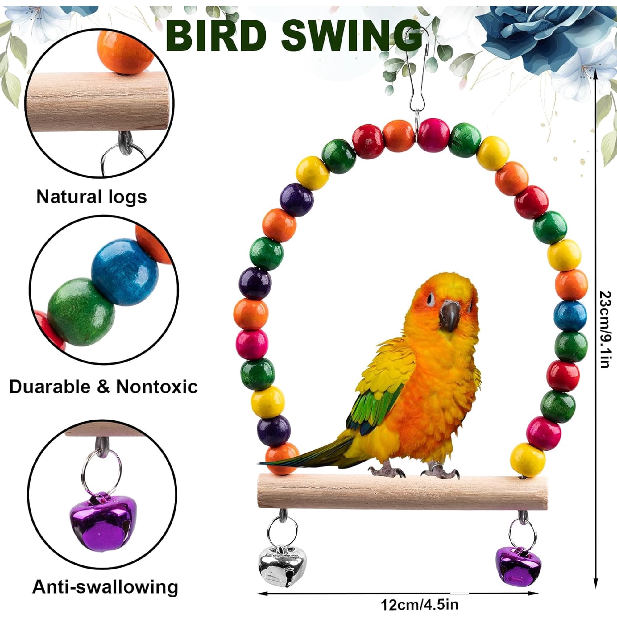 Bird Toys for Parakeets 7Pcs, Wood Parrots Budgie Cage Accessories, Bird Perch Swings for Small Conure Cockatiel Toys, Bird Ladder Swing for Parakeets Climbing 18''