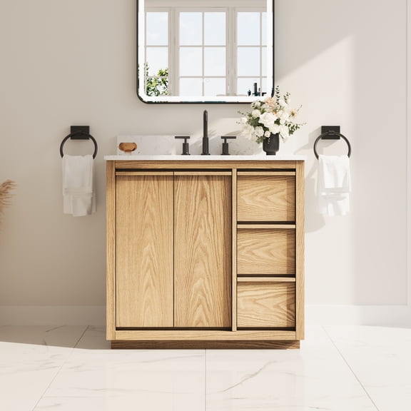 ANGELES HOME 36" Freestanding Oak Bathroom Vanity with Carrera White Quartz Top & Undermount Sink, 2 Soft-Close Doors & 3 Drawers, Fully Assembled
