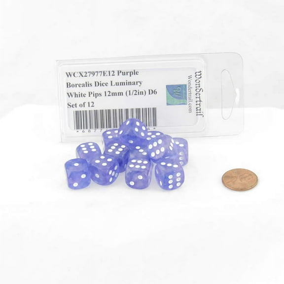 Purple Borealis Dice Luminary with White Pips 12mm (1/2in) D6 Set of 12 Wondertrail
