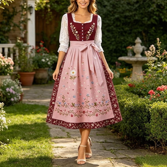 QUNYINEY Long Summer Dresses for Women Casual Sleeveless Oktoberfest German Dirndl Dress Flowy Beer Carnival Loose Fit Square Neckline Dresses