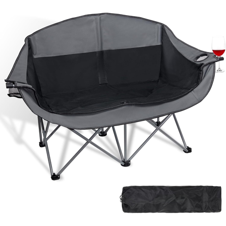 Outdoor Folding Double Camping Chair Adults 2 Person,Heavy Duty 600 LBS Loveseat with 2 Cup Holder,Portable Carry Bag Included for Camping,Lawn,Backyard,Movie