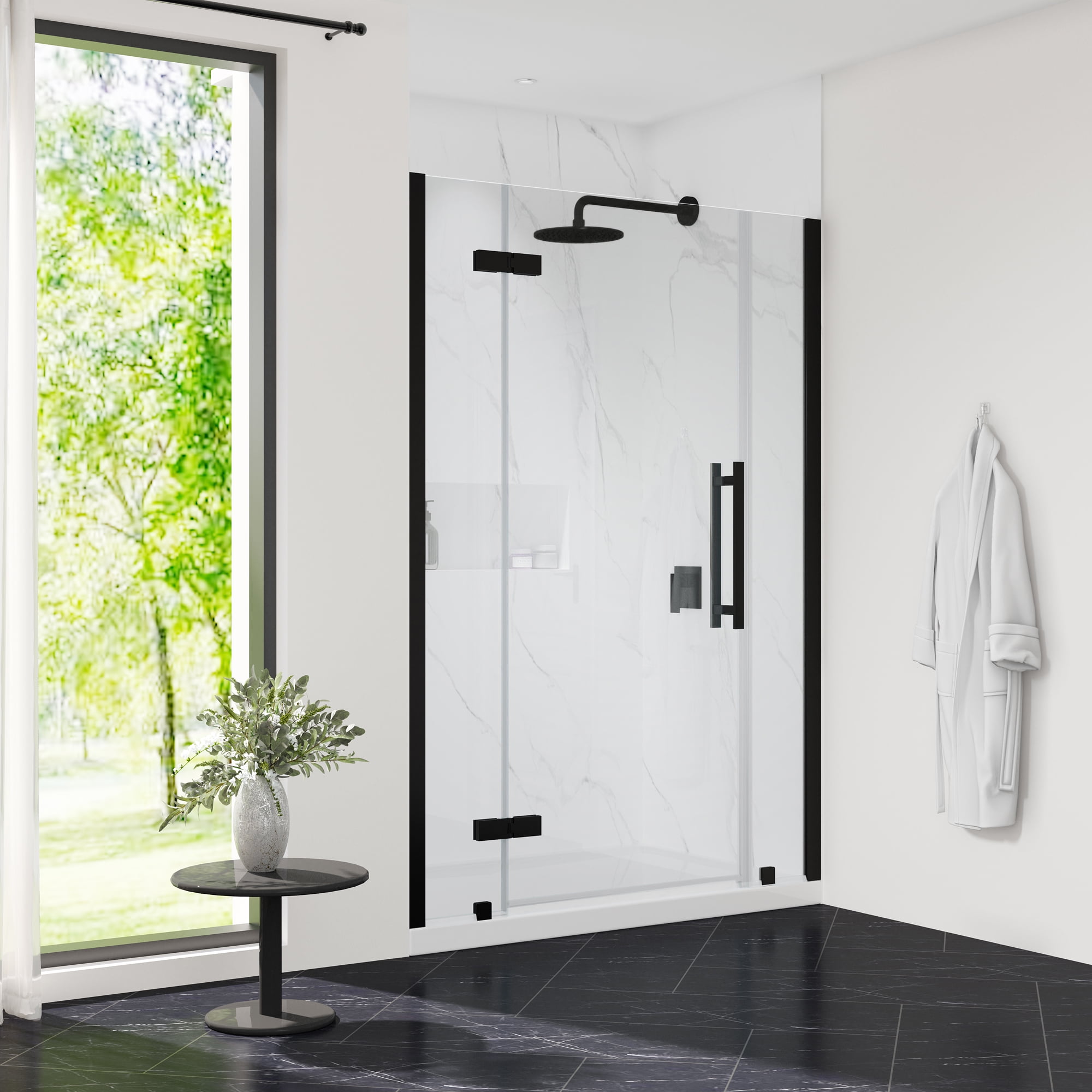 Ove Decors Tampa 48 in. L x 32 in. W x 72 in. H Alcove Shower Kit with Pivot Frameless Shower Door and Shower Pan in Black