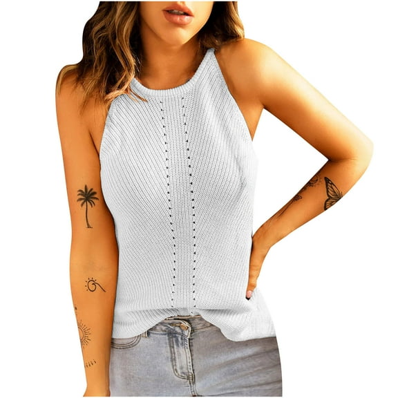Womens Casual Sleeveless Knit Halter Neck Tank Tops Solid Loose Soft Sweater Cami Vest Crewneck Summer Blouse Tops