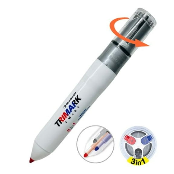 Rushit Trimark 3-in-1 Multicolour Marker Pen – Twist Mechanism, Fine Tip, Fluorescent Red, Blue, Black