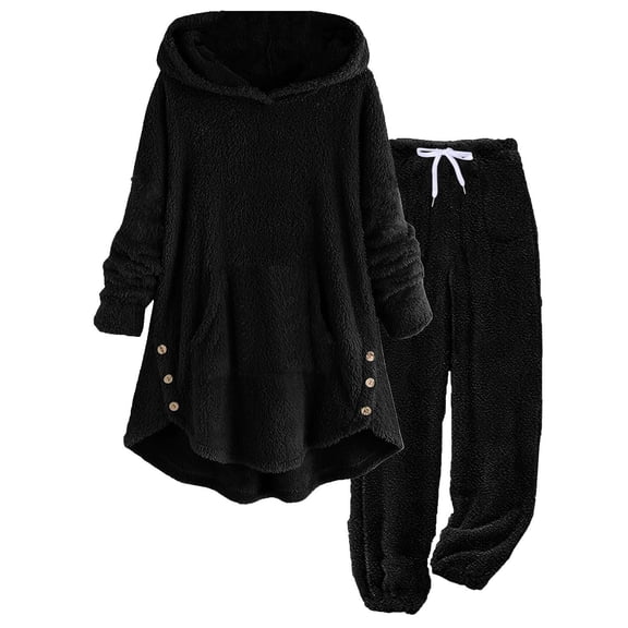 vigerkar Fuzzy Set for Women Loose Fleece 2 Piece Set Winter Warm Hoodies Sweatshirts Casual Long Sleeves Shaggy Sherpa Outfits (Black, S)