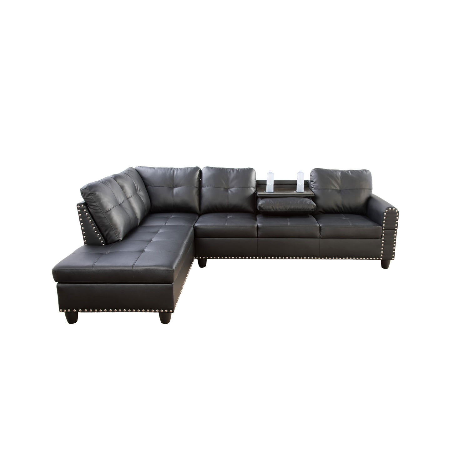 Hommoo L Shaped Flippable Backrest Sectional Couches and Sofas, 4-Seat Faux Leather Sectional Sofa Sets, Modern Living Room Furniture Sets, 15' Back Height, Black(No Ottoman)
