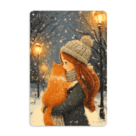 2D Flat, 1pc Winter Girl Cat Metal Wall Art - 8x12 Inch Iron Sign with Romantic Snowy Night Scene, 2D Flat Print with 3D Visual Effect, Cozy Snowflakes Lanterns Design for Living Room Christmas