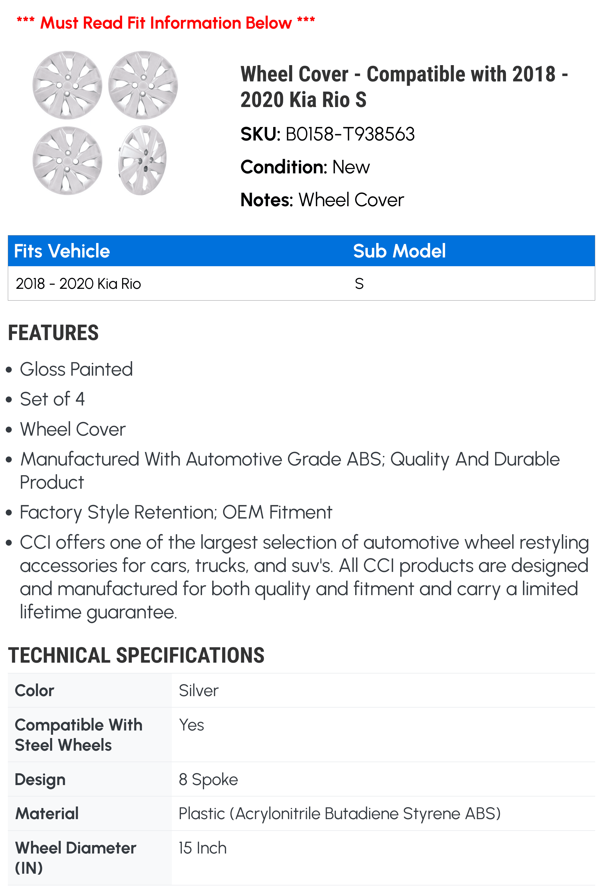 Wheel Cover - Compatible with 2018 - 2020 Kia Rio S 2019