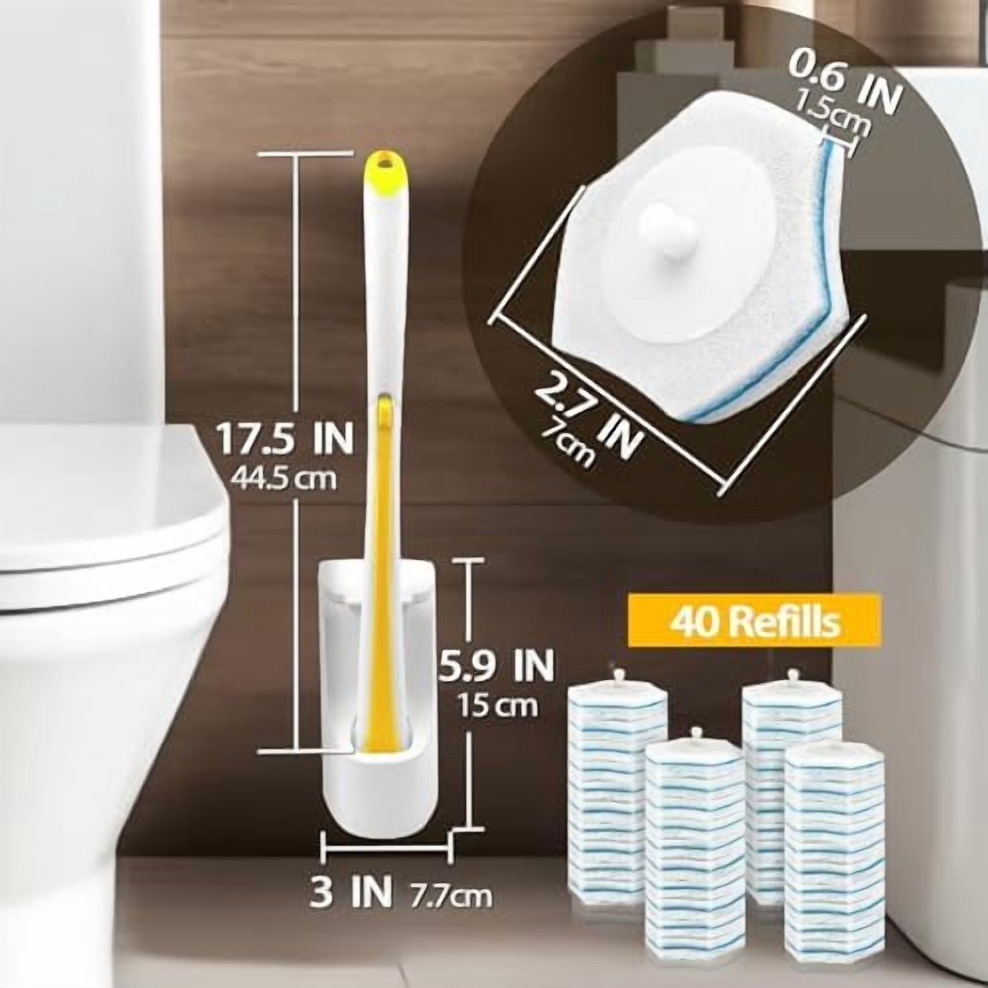 Disposable Toilet Brush with 40PCS Wand Cleaner Refills, Wall Mounted Toilet Bowl Brush Holder Set, Bathroom Cleaning System for Sink Bathtub Wash Basin (Yellow)
