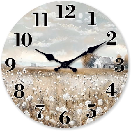 Farmhouse Wall Clock Battery Operated 10 Inch Silent Non-Ticking Wooden Wall Clocks Country Flower Field Clock for Kitchen Living Room Bedroom Decor