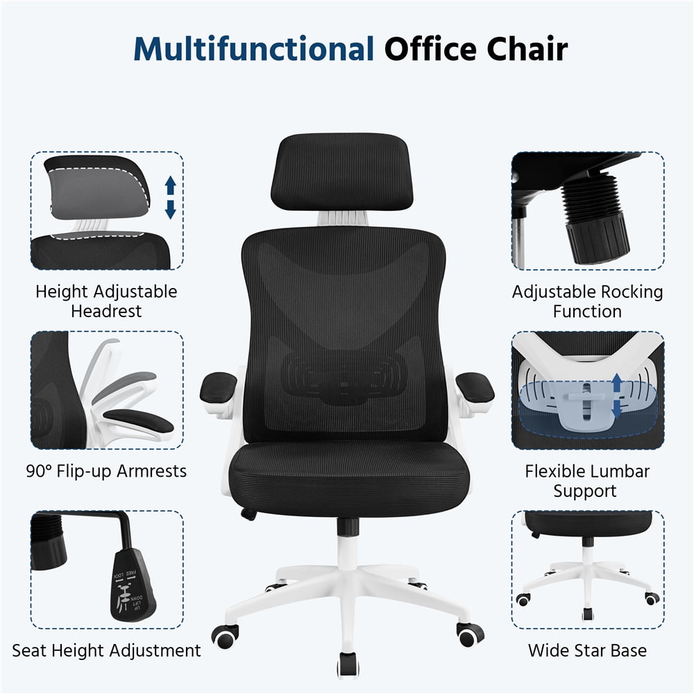 Yaheetech Adjustable High Back Mesh Office Chair with 90° Flip-up Armrest, White/Black