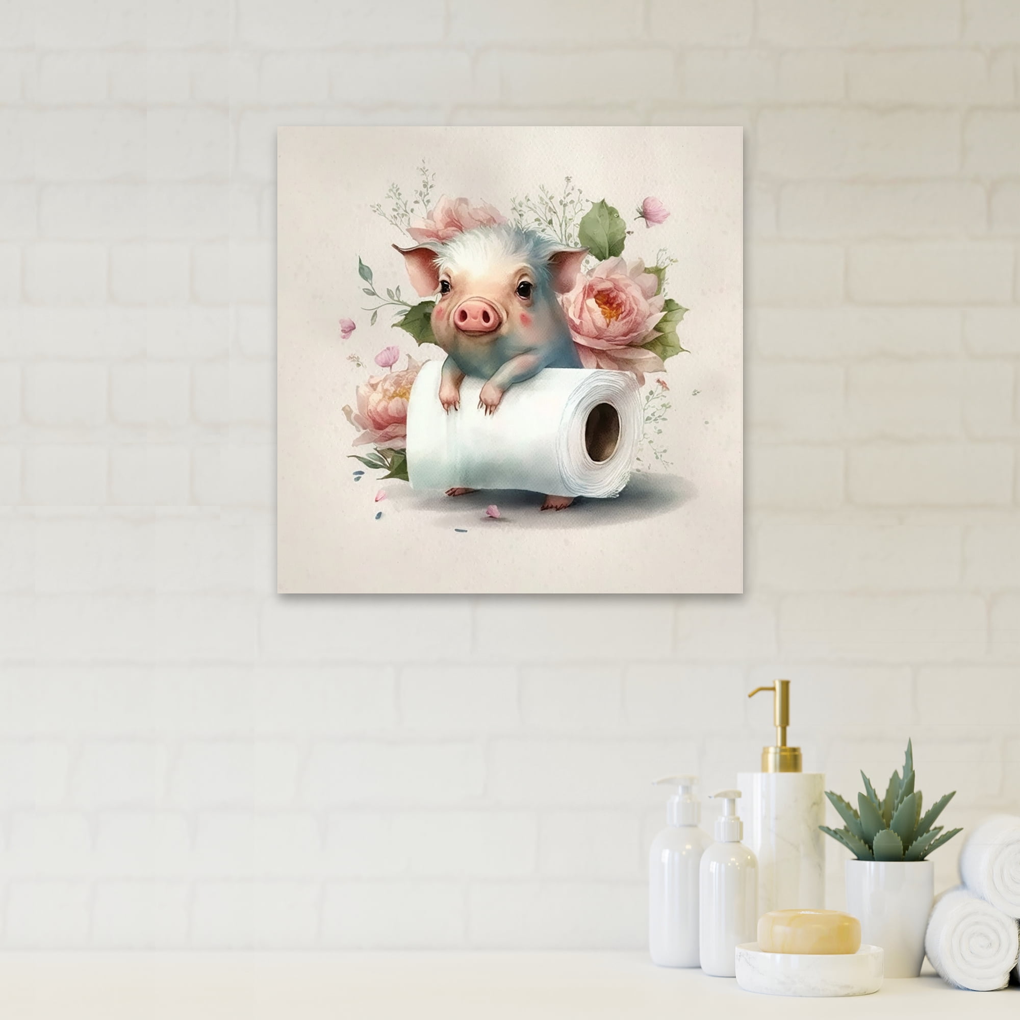 Designart Pig With Roll Of Toilet Paper And Flowers I Canvas Wall Art