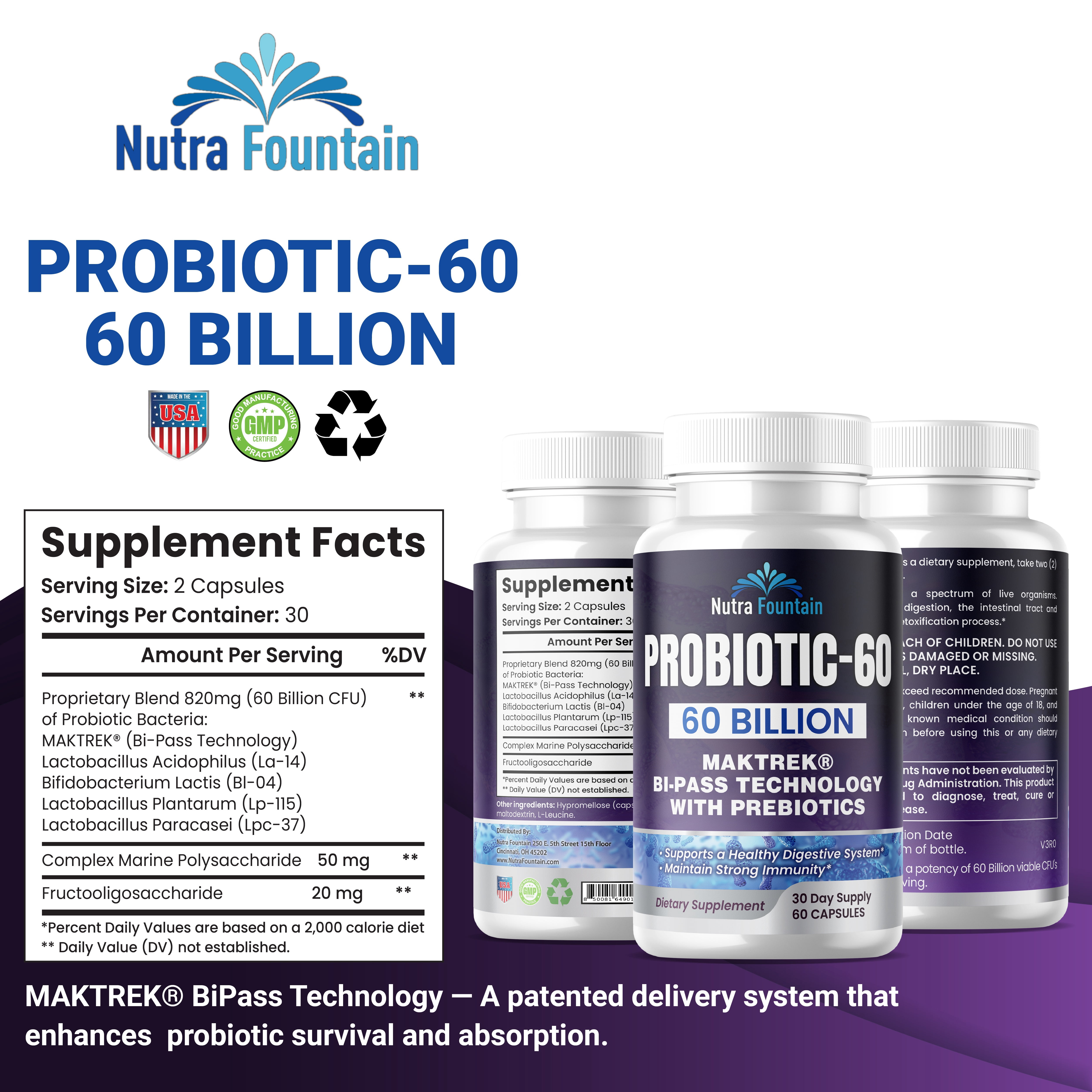 Probiotic 60 Billion CFU - MAKTREK B-Pass Technology with Prebiotics - 6- Capsules