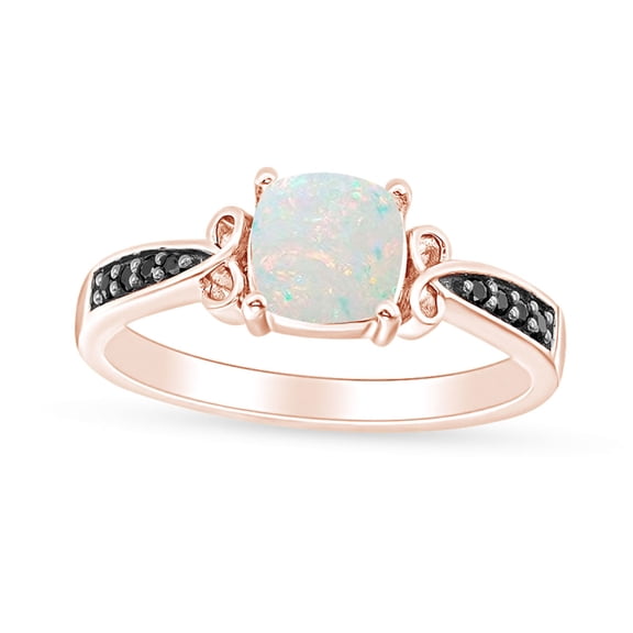 Cushion Cut Lab Created Opal & Round Black Natural Diamond Criss-Cross Loop Promise Ring In 10k Solid Rose Gold Ring For Women Ring Size-7.5