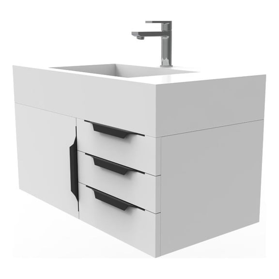Nile 36" White Wood Floating Vanity with White Top and Black Trim