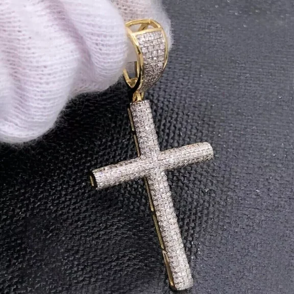 Moissanite White Cut Round Ct 2 Pendant Cross Cluster Men's Plated Gold Yellow 14k