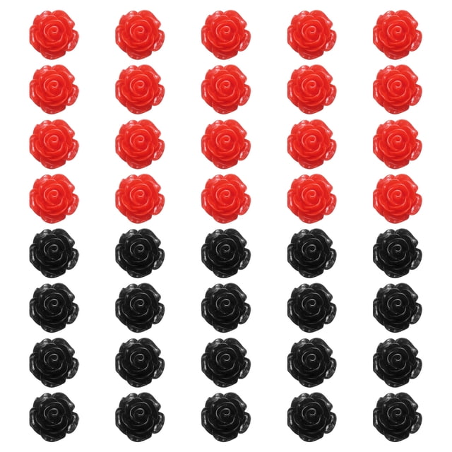 Uxcell 40Pcs Perlas de Flor de Resina para Manualidades, 10x5 mm Sin Agujero, Negro/Rojo